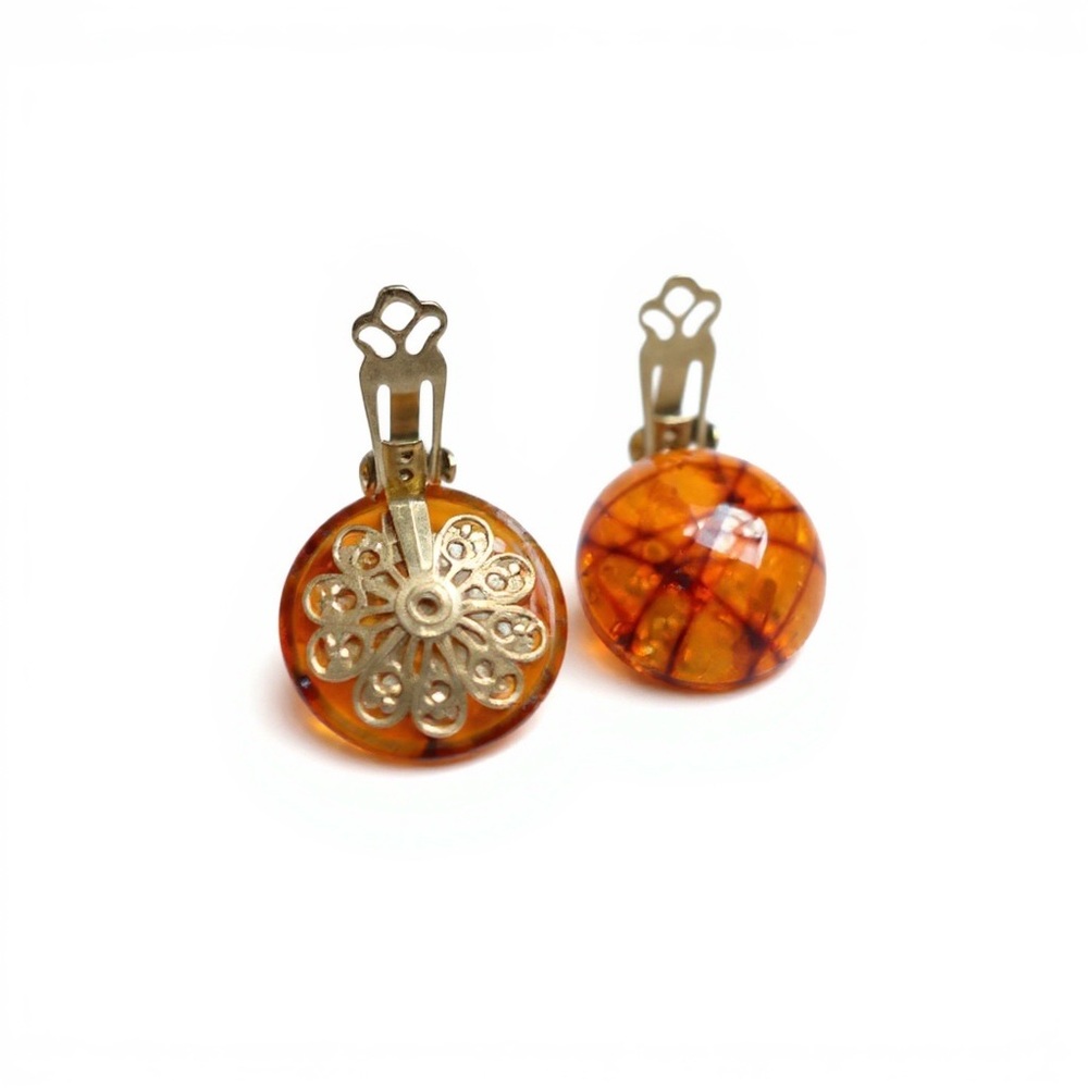Vintage Amber Marble Lucite Earrings MCM Filagree Mid-Century